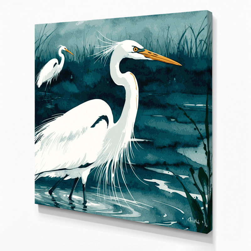 Birds Great Egret Blue Canvas Wall Art, 12" H x 12" W