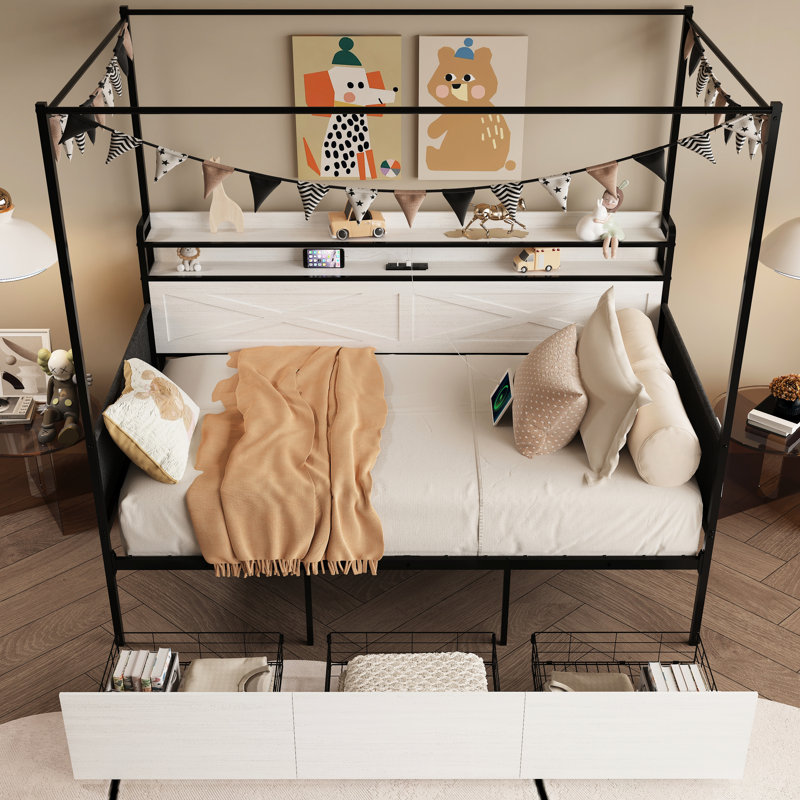 Cadre de lit simple moderne, blanc, avec 3 tiroirs de rangement, point de charge et barrière de sécurité pour cadre de chambre à coucher blanc