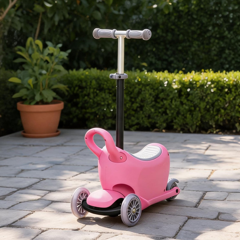 Voiture 3-en-1 avec poignée réglable et siège de rangement pour tout-petits, rose chaud, structure en PP et en métal