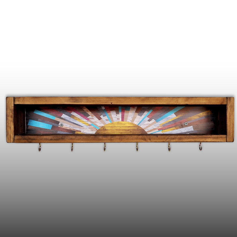 100% Solid Wood Sunrise Colorful Sunhine Wall Mounted Accent Coat Rack With 6 Hooks