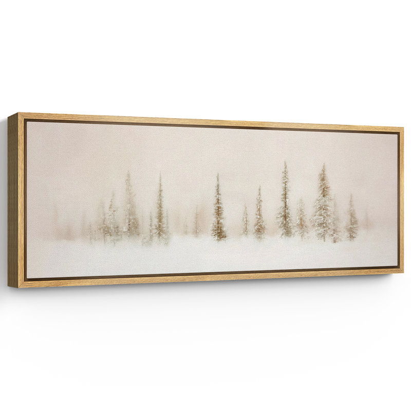 «Minimalist Foggy Snowy Pine Trees», œuvre d'art sur toile encadrée, H 20 po x l 60 po, Naturel