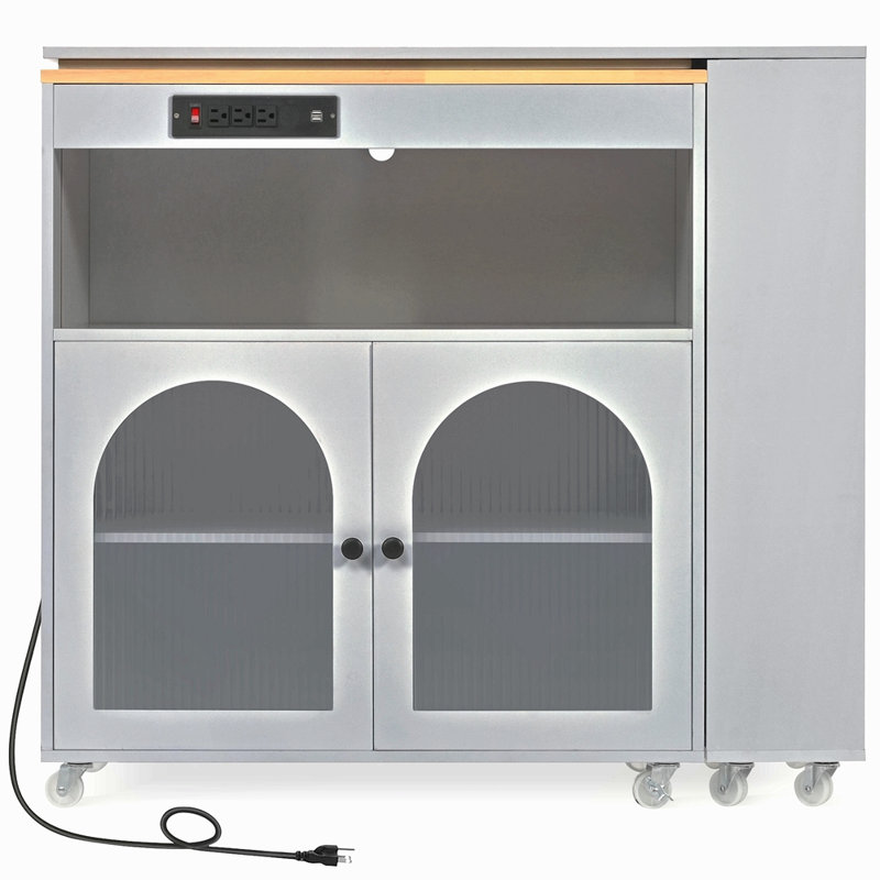 Rolling Kitchen Island With Extended Table, Kitchen Island On Wheels With LED Lights,Power Outlets And 2 Fluted Glass Doors, Kitchen Island With A Storage Compartment And Side 3 Open Shelves