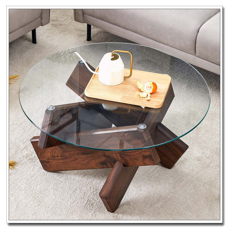 Round  Glass Coffee Table, Walnut