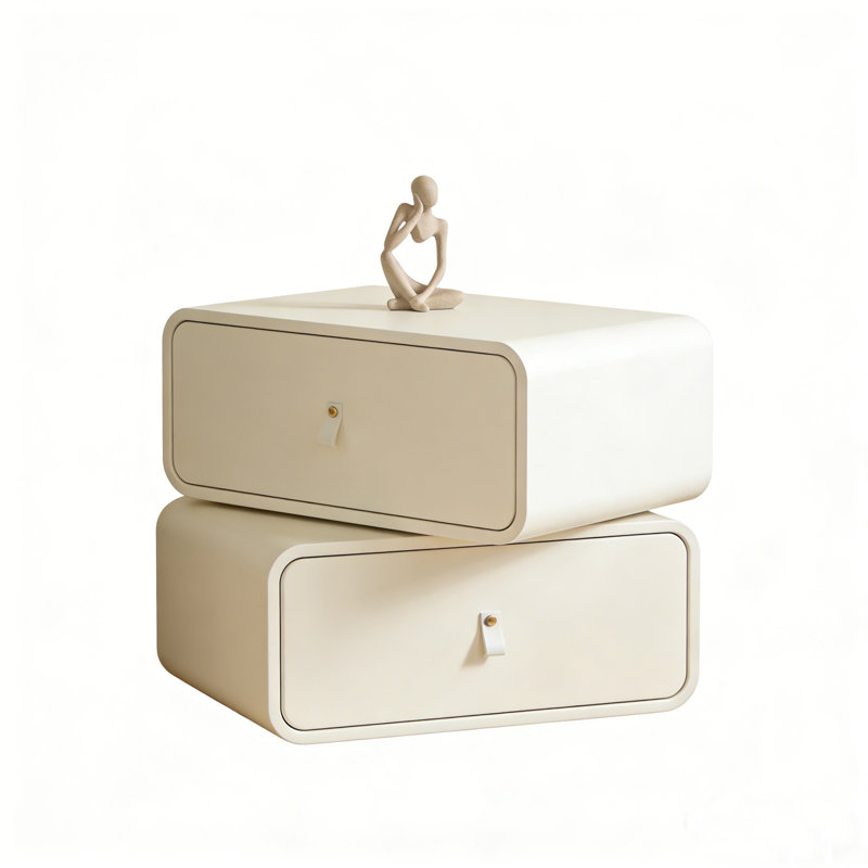 19.7" Off-White Swivel Nightstand, 360° Rotating 2-Drawer End Table, Cream Champagne