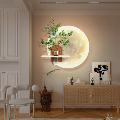 Décoration murale neutre pleine lune texturée avec vase pour l'entrée