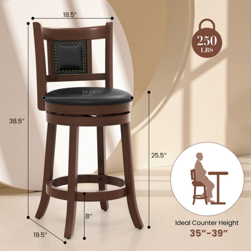 Upholstered Bar Stools Set Of 2 With Curved Backrest And Footrest, Counter Stool (25.5" Seat Height)