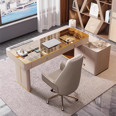 L-Shaped Glass Faux Marble Solid Wood Stainless Steel Executive Desk with Built-In Electrical Outlet