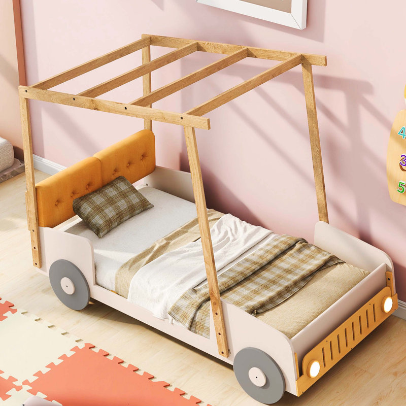 Lit voiture simple en bois avec oreiller et toile de plafond, naturel, Lit simple