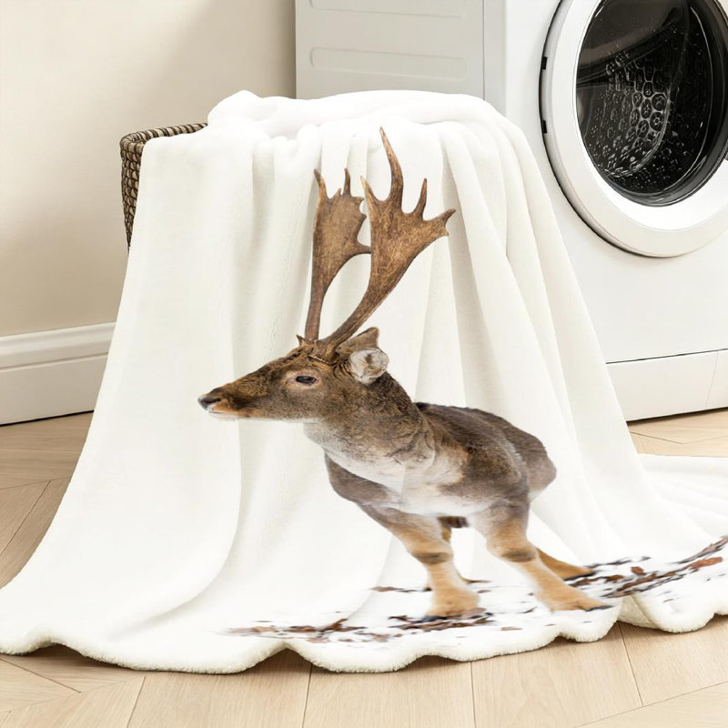 Jeté en flanelle blanche ultra douce, imprimé cerf simple face, Throw 30" x 40"