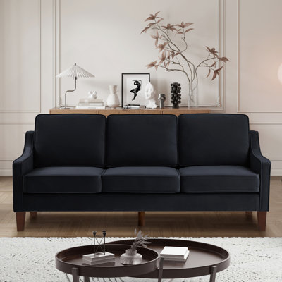 Modern 3 Person Seat  Sofa Couch With Scooped Armrest/Wood Legs,Upholstered Velvet 3-Seat Sofa With Removable Cushions For Livingroom Bedroom,Black