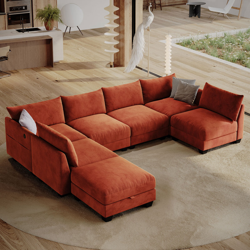 Amold 124'' 6-Seater Sectional Sofa, U-shaped Modular Sofa Cloud Couch, Comfortable Living Room Sofa With Ottoman Storage