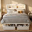 European Double & King Size Velvet Storage Bed With 2 Drawers & LED Headboard, Upholstery Bed Frame With Charging Port, Beige-1545616119