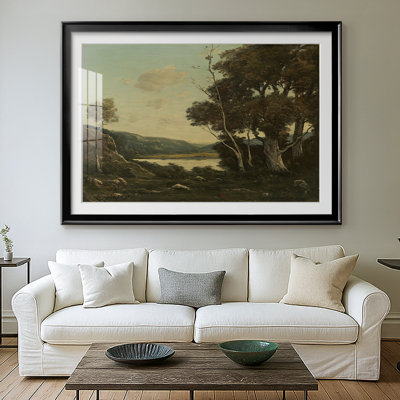 Paysage fluvial avec de grands arbres - Henri Harpignies - Reproduction encadrée avec passe-partout et verre - 1898