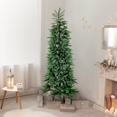 Fraser Hill Farm Carmel Pine Slim Artificial Christmas Tree with Dual Multicolor & Warm White LED Lights