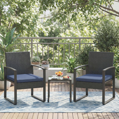 3 Piece Patio Bistro Set - PE Rattan Wicker Conversation Set with Tempered Glass Table & Cushioned Chairs - All-Weather Outdoor Furniture for Balcony, Garden, Porch, Blue