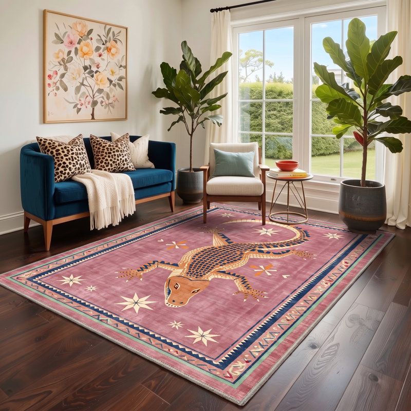 Tapis rose / orange lavable à la machine avec envers antidérapant, Rectangle 5' x 7'