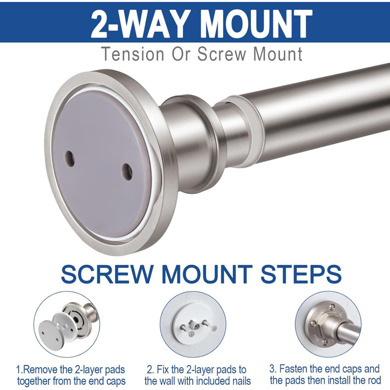 Brushed Nickel Industrial Tension Shower Curtain Rod 43-72 Inch