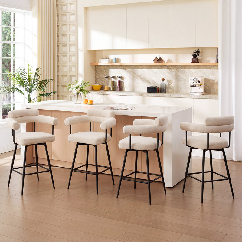 Tabouret de comptoir pivotant de 26,7 po avec dossier à oreilles incurvé et structure en métal Ansil, Lin beige