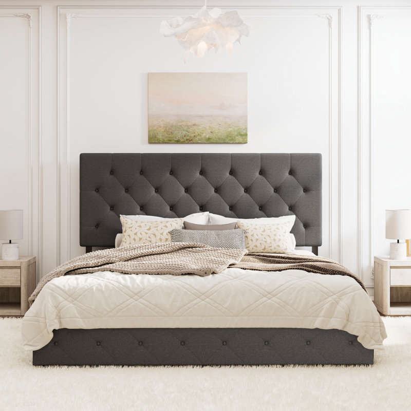 Lit plateforme avec rangement à 4 tiroirs et tête de lit réglable en lin à motif de losanges, Très grand, Gris foncé