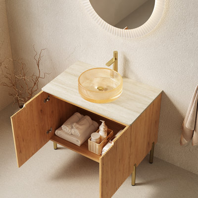 Ensemble de meuble-lavabo et de meuble-lavabo autoportant TURIO 30, lavabo rond en verre doré clair, comptoir en pierre frittée à motif de travertin Roma, démonté, sans robinet ni drain, couleur grain de bois