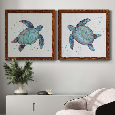 Bubble Blue Turtle I - ensemble de 2 peintures sur toile encadrées