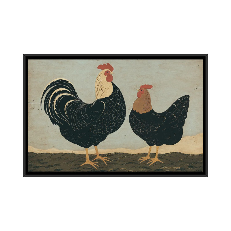 Double coqs - reproduction d'art murale encadrée, H 32 po x l 48 po, Reproduction encadrée sans passe-partout, Noir