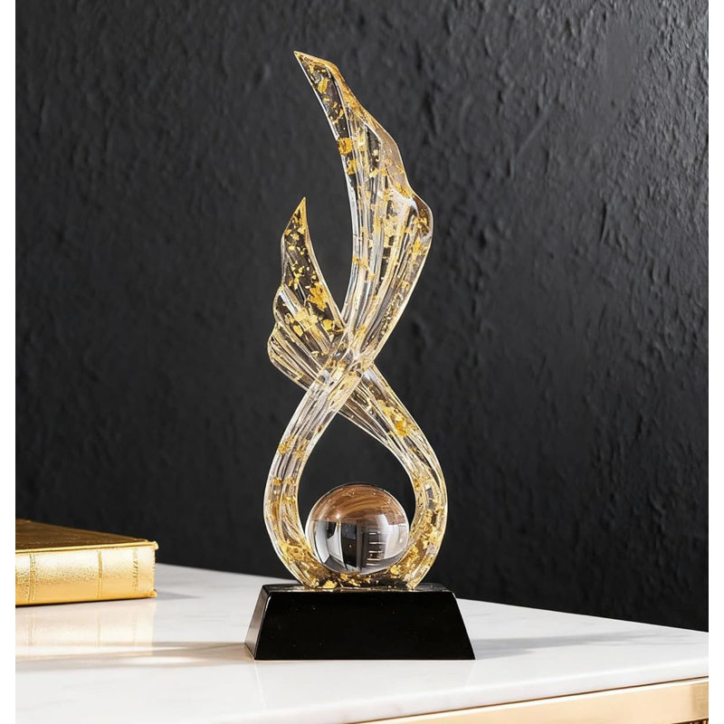 12.2" White & Gold Wing-Shaped Resin Sculpture - Modern Home Office Decor, White/Gold/Clear