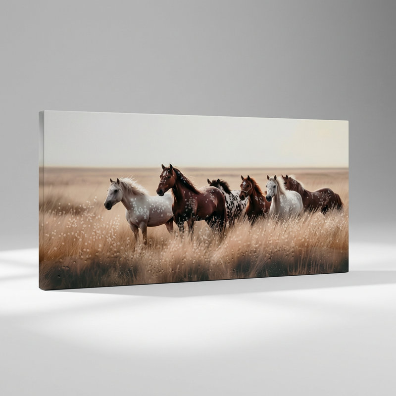 «Rustic Equine Landscape», art mural mettant en vedette des chevaux sauvages sur une prairie pour un décor de ferme