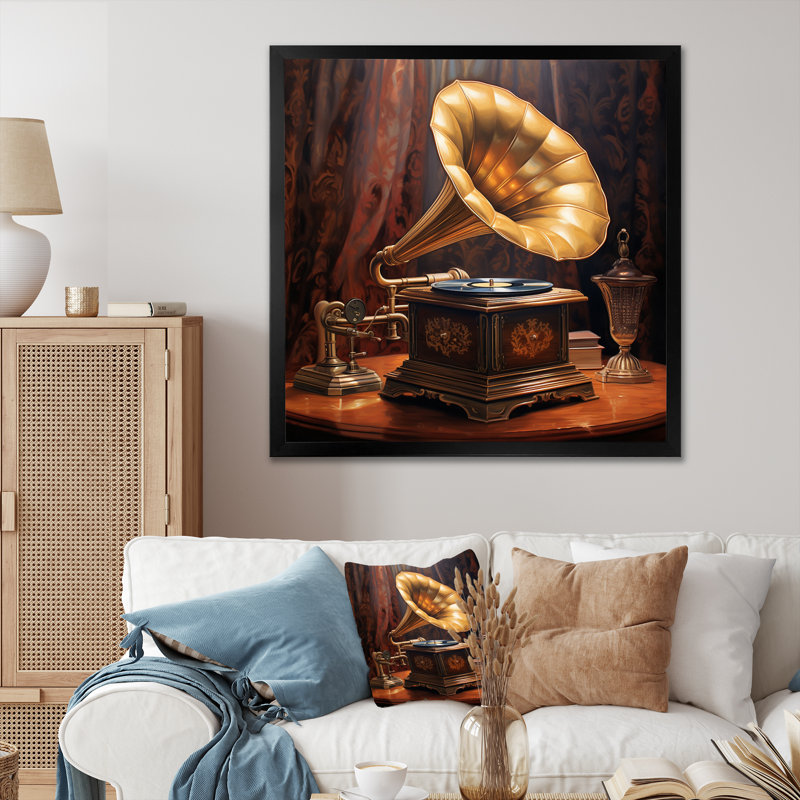 " Gold Phonograph Melodies ", Black Single Picture Framed, 16" H x 16" W x 1" D
