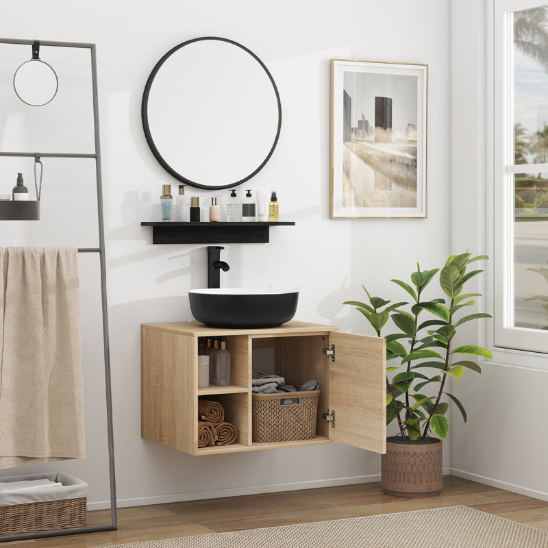 Ensemble de meuble-lavabo simple mural 24 po avec miroir Bitha, Noir / blanc