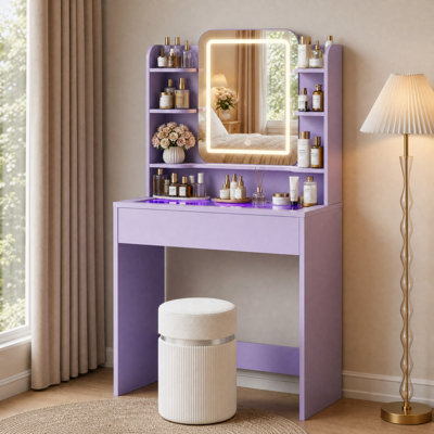 Makeup Vanity with LED Lighted Mirror and RGB Lighting Glass Top for Bedroom