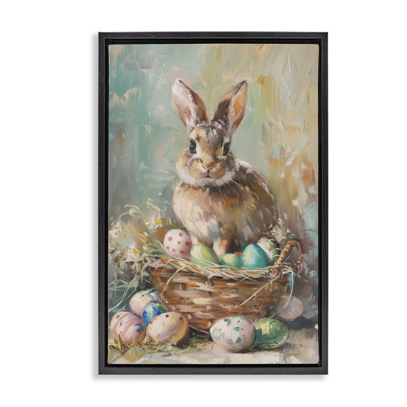 Spring Easter Bunny Basket Floating Frame, design by LSR Design Studio, Jet Black Floater Frame, 25" H x 17" W