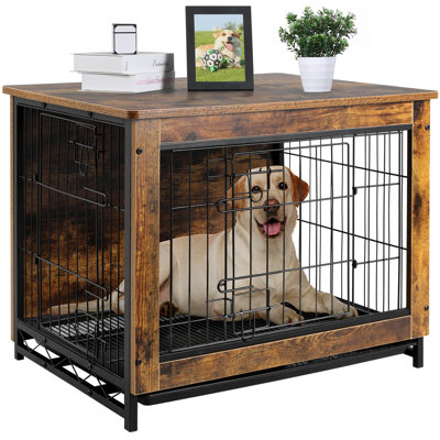 Aleko Dog Crate Furniture With Drawer And Storage Hooks For Medium Pet – 50 Lb. Weight Capacity – Weathered Gray – Free Rope Toy And Cushion Included