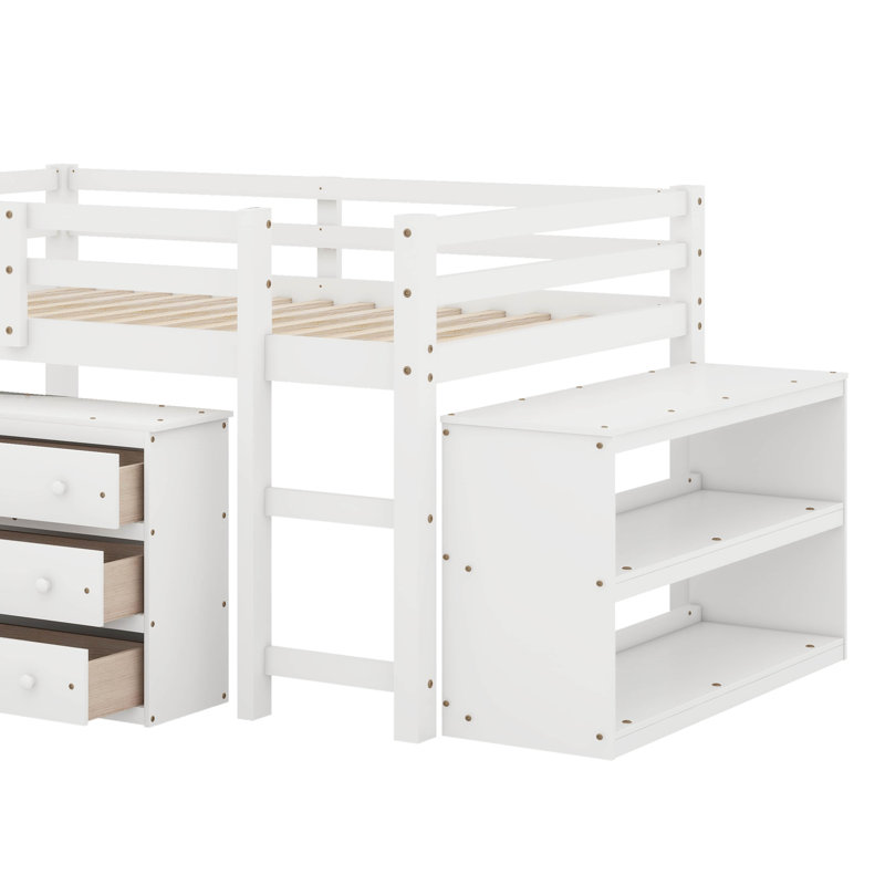 Lit mezzanine bas bas avec commode, tablettes et bureau, lit multifonctionnel, Blanc