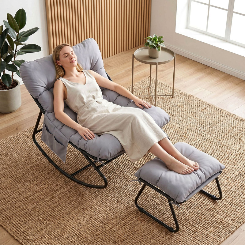Outdoor Papasan Rocking Chair with Ottoman, Lounge Chair with Cushion & Sturdy Metal Frame, Patio Rocker Chair for Balcony Backyard Porch Bedroom, Gray