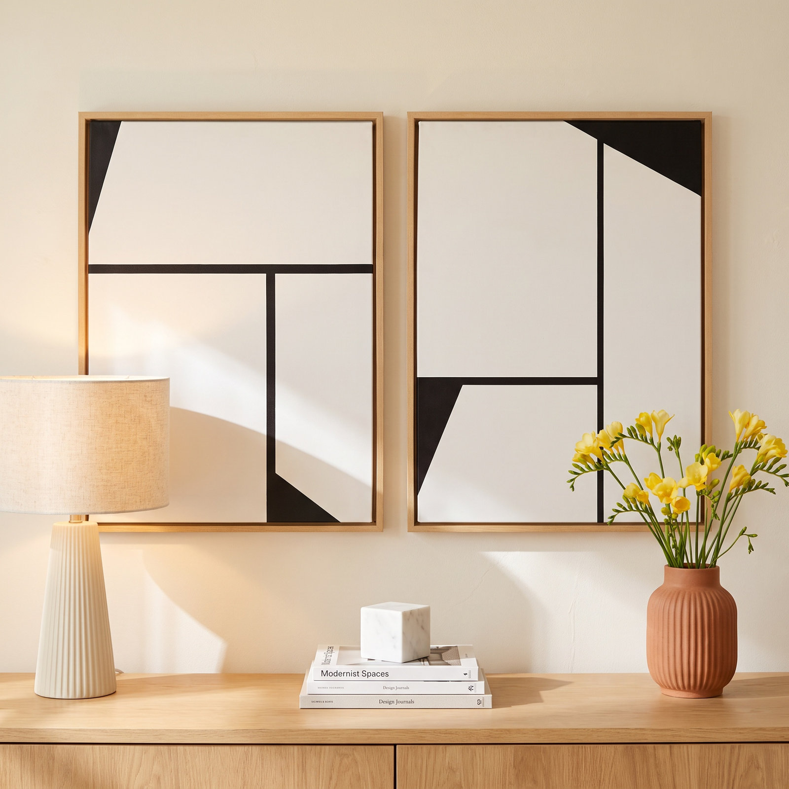 Bauhaus Sleek Abstract Painting, 33" W x 23" H, Natural Frame