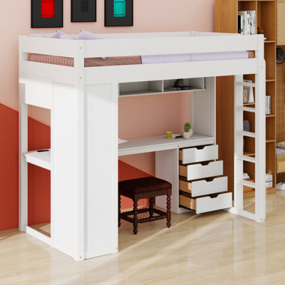 Space Saving Loft Bed, Functional L Shaped Desk , Drawers and Open Shelves