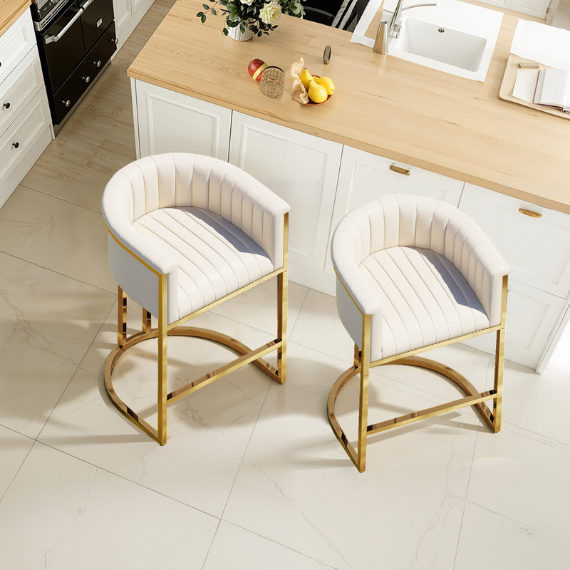 26" Counter Height Bar Stool Set of 1 Barrel Counter Stool With Backrest,Off White PU Leather Metal, Gold, White Faux Leather