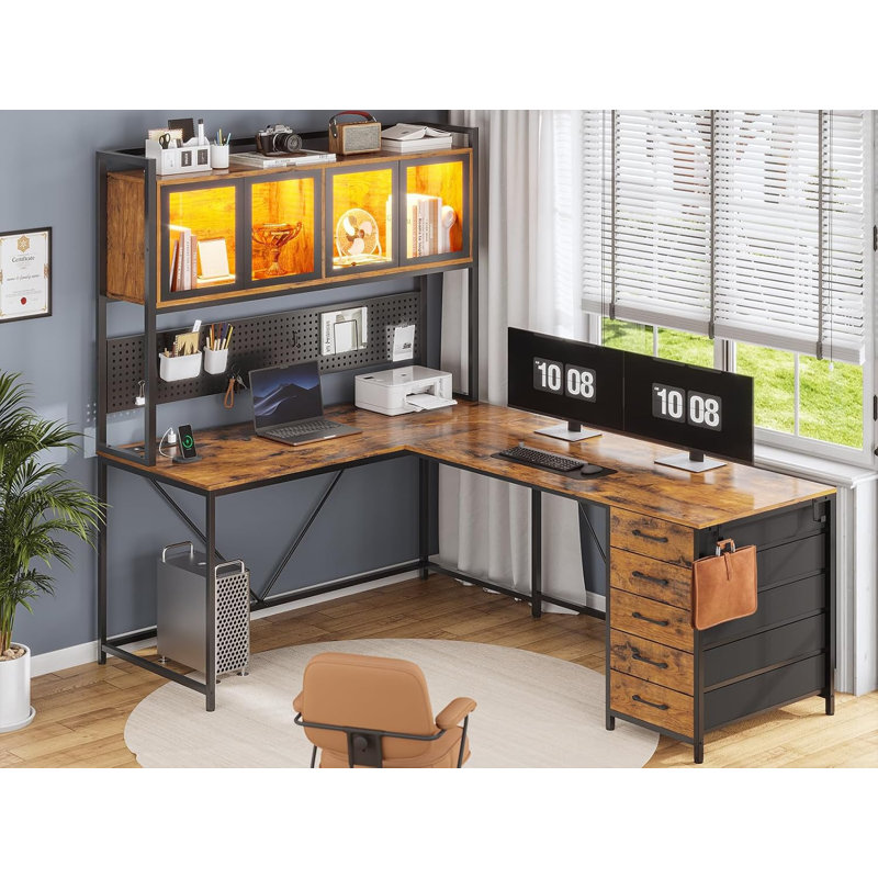 Meuble d'appoint en L Roarke de 62 po avec vaisselier et armoire, brun, Brun / Noir