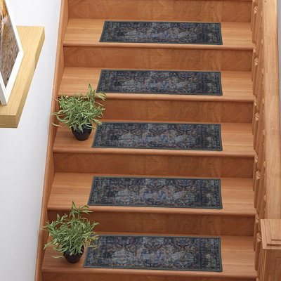Tapis d'escalier à motif sur toile lavable à motif sur mesure oriental gris Mahal par Inches