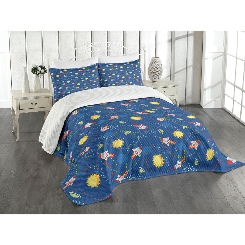 Ambesonne Space Bedspread Set  Little Cartoon Rocket  Multicolor, King Coverlet / Bedspread + 2 Standard Shams