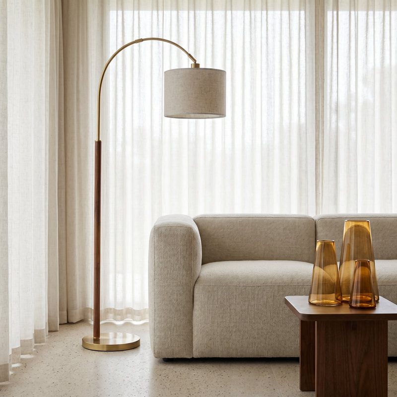 Lampadaire arqué pour salon, en noyer massif noir, avec télécommande et ampoule ambrée., Black Walnut