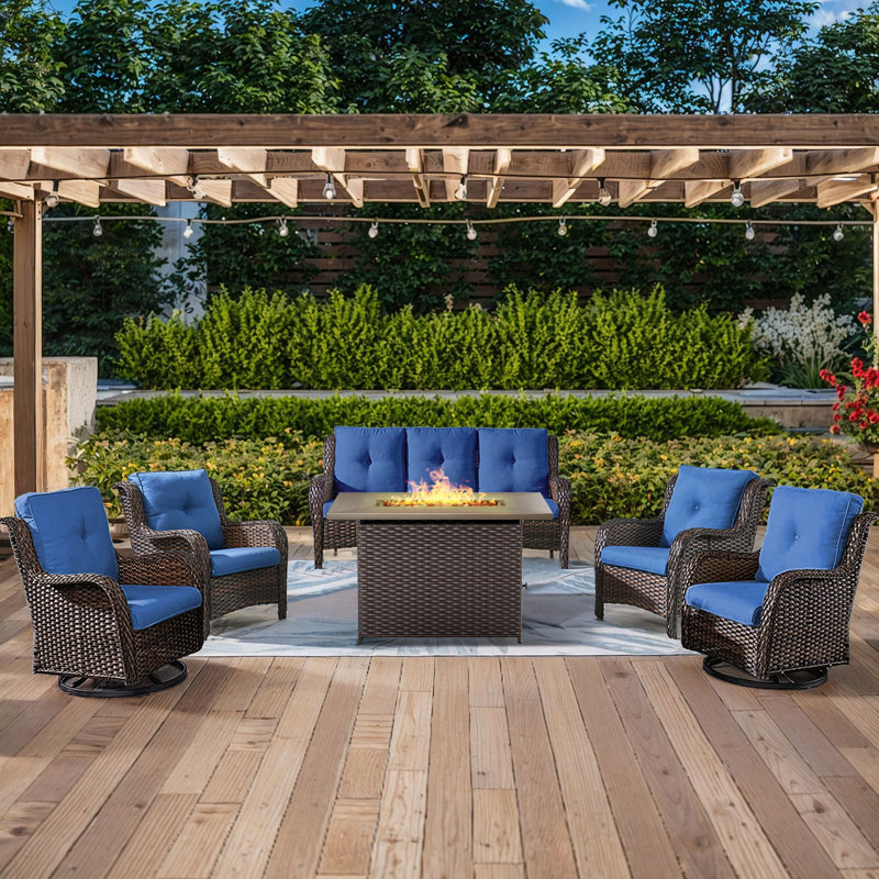 Deb 6-Pieces Outdoor PE Wicker Patio Conversation Set with Fire Pit and Cushions, Blue, Brown
