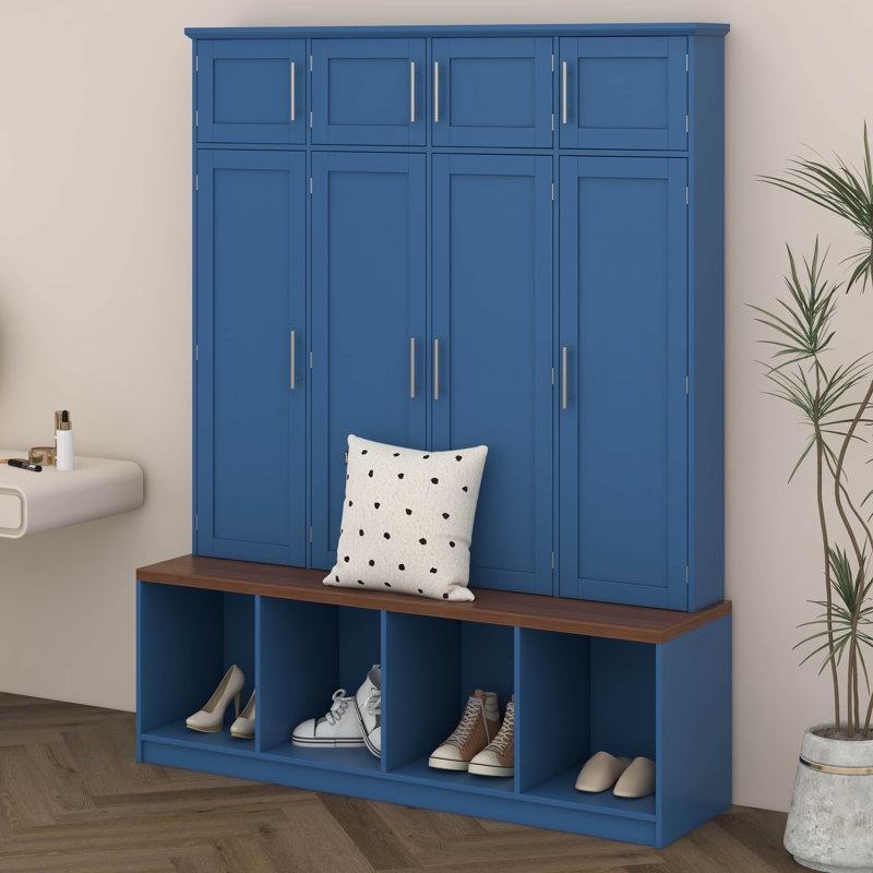 Arbre d'entrée de style campagnard, banc multifonctionnel, armoire à chaussures avec compartiments ouverts, 4 crochets de suspension et 8 portes