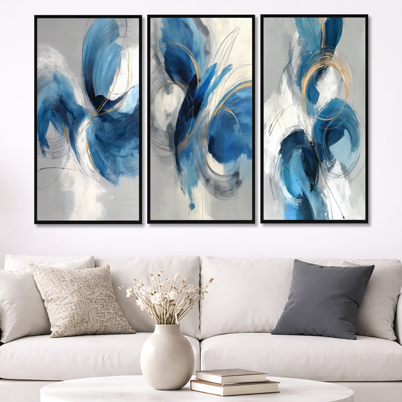 Tourbillon abstrait dans des tons bleus et blancs - art mural encadré abstrait, 3 pièces, H 40 po x l 60 po