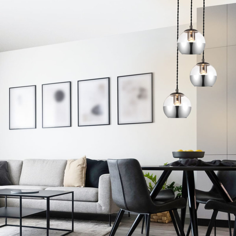 Marlo 3 Light Modern Smoky Glass Cluster Pendant Light - Matt Black Base, Black Twisted power cord, 3xE27. Max. 15W LED (Bulb not included)
