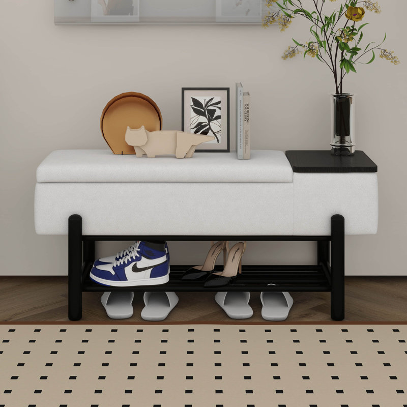 Upholstered Bench With Shoe Rack, Storage Bench With Rubber Wood Legs, Entryway Bench With Hidden Compartment, Black