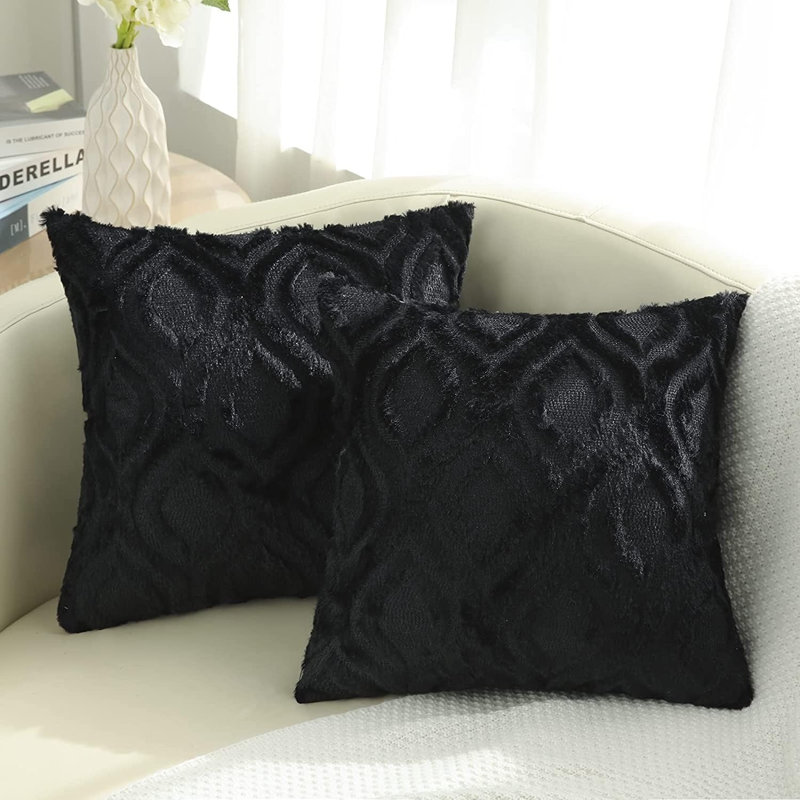 Decorative Throw Pillow Covers 24X24 Set Of 2, Soft Plush Faux Wool Couch Pillow Covers, Green, Black
