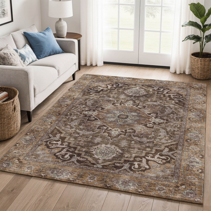 Premium Machine Washable Mayfield  global Rug, 9' x 12', Brown
