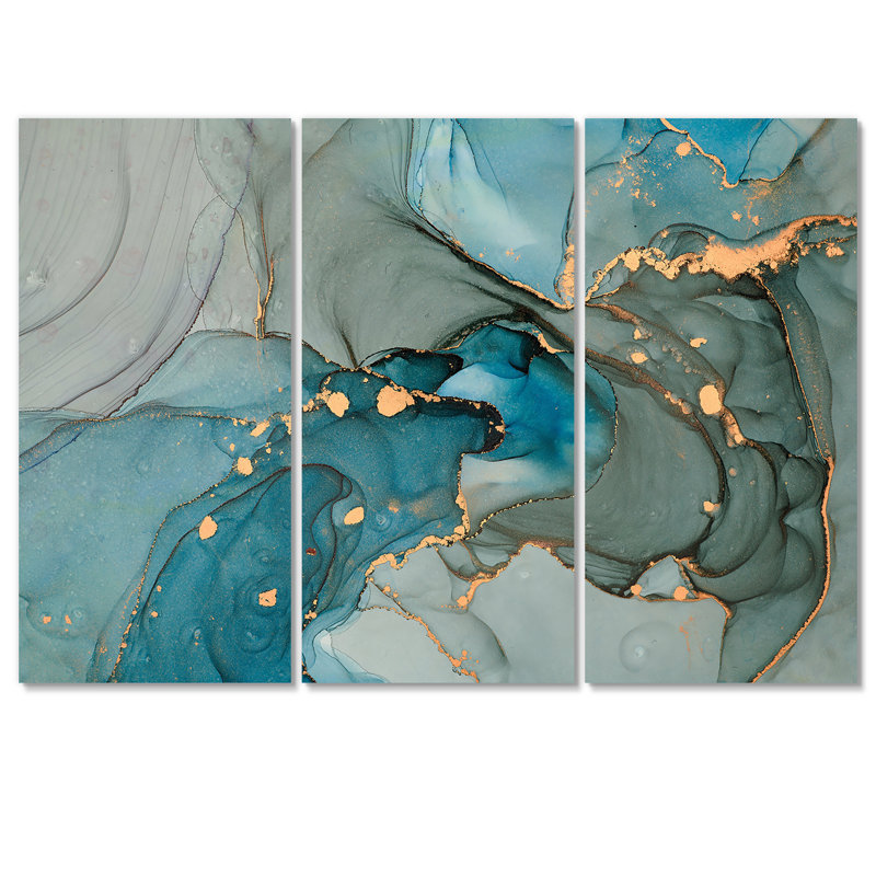 Turquoise doré infusé marbre - reproduction d'art sur toile moderne, H 28 po x l 36 po x P 1 po